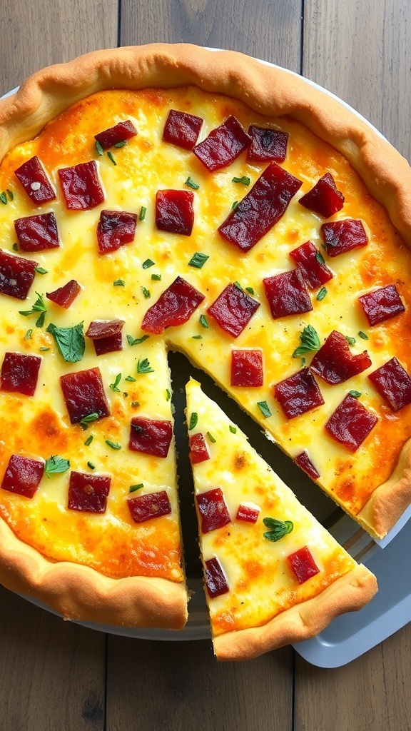 A slice of Quiche Lorraine on a plate, showcasing the flaky crust and creamy filling with bacon and cheese.